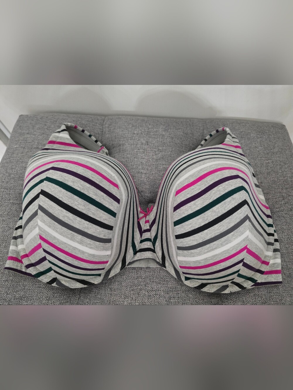 Cacique Striped T-Shirt Bra in Gray with Pink, Purple and Dark Green Stripes